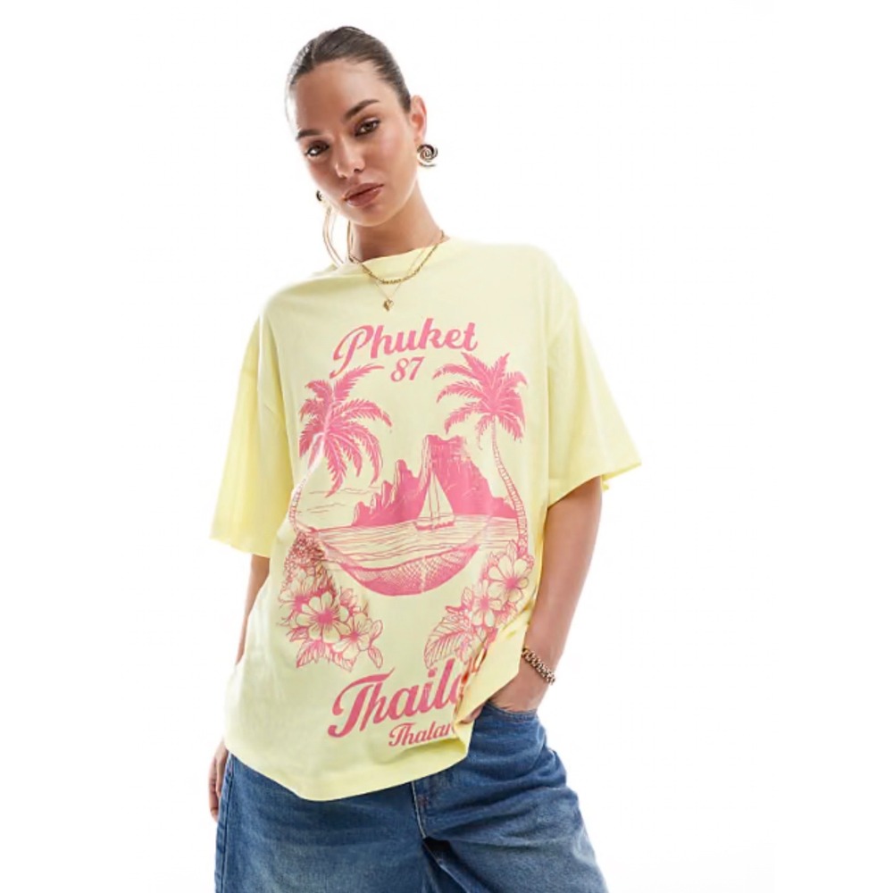 ASOS Design Womens Phuket 87 Thailand Graphic Oversized T-Shirt Yellow Pink NWOT